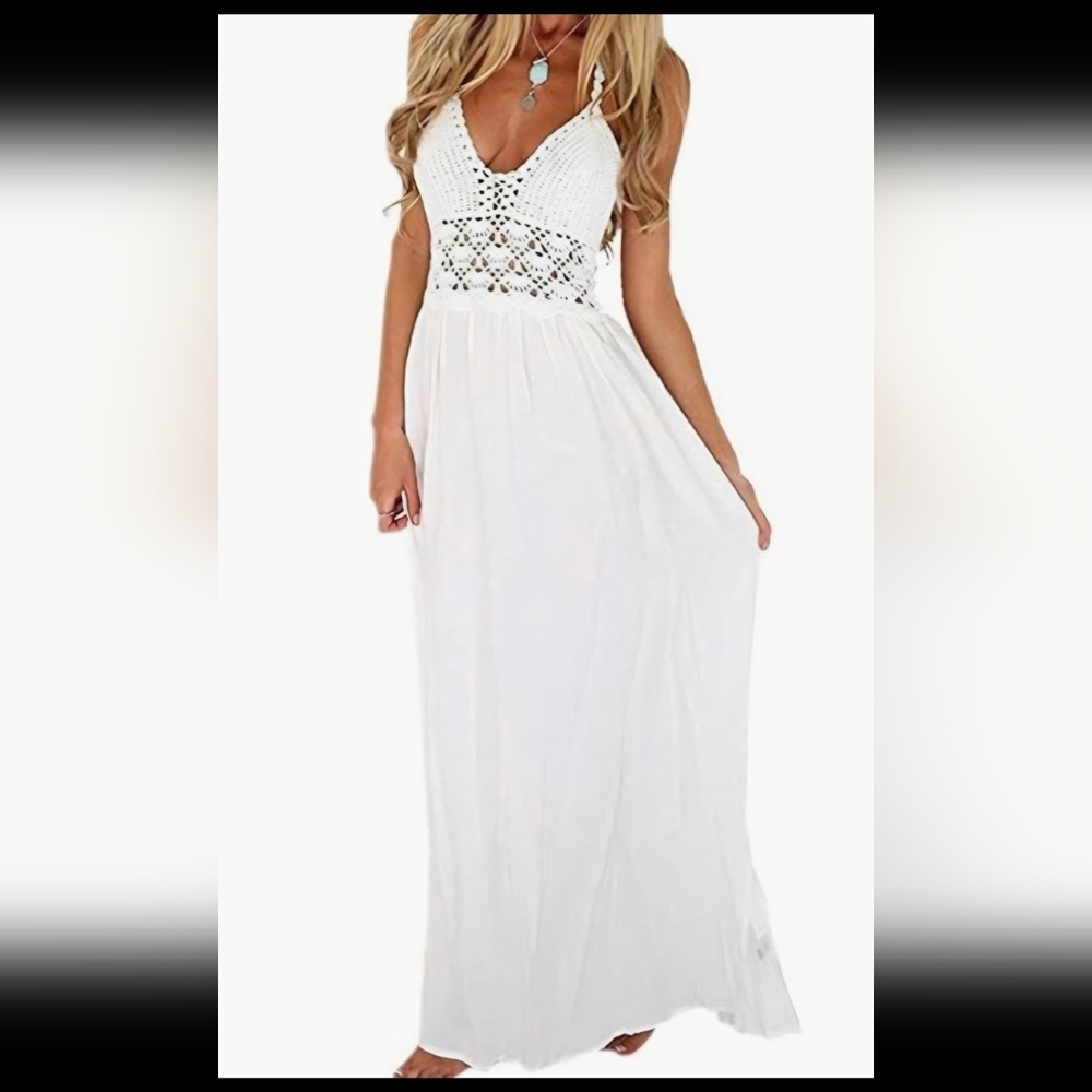 Elegant NWT Beautiful bright white maxi dress w/ v neck. Intricate soft crochet.